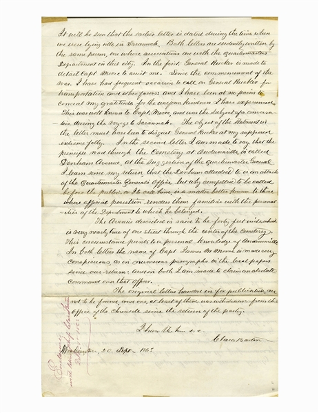 Fascinating Autograph Letter by Clara Barton Marked ''Confidential'' Regarding Missing Soldiers of the Civil War -- With a Report Signed Four Times by Barton Regarding the Andersonville Expedition
